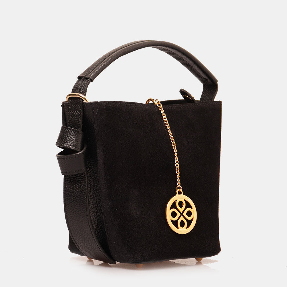 Borsa Secchiello con Pochette VIAVERDI in Camoscio e Pelle Nera Made in Italy linea Pienza