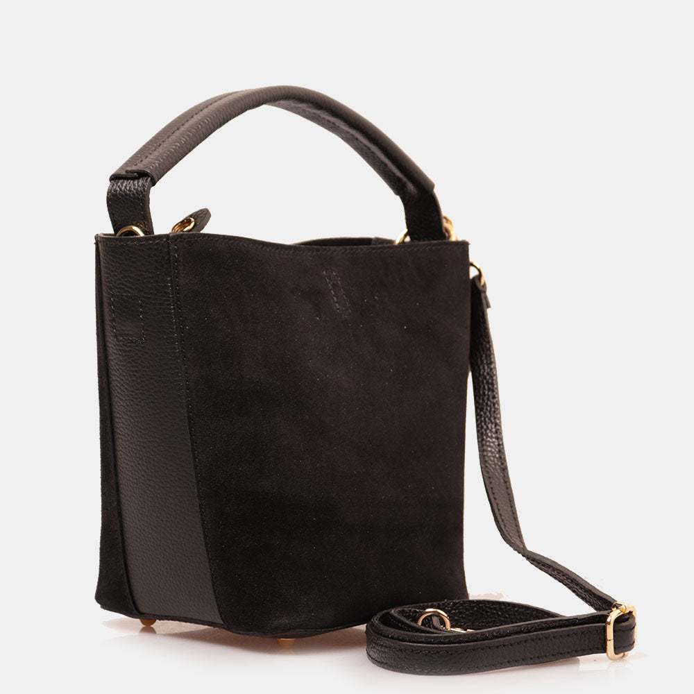 Borsa Secchiello con Pochette VIAVERDI in Camoscio e Pelle Nera Made in Italy linea Pienza