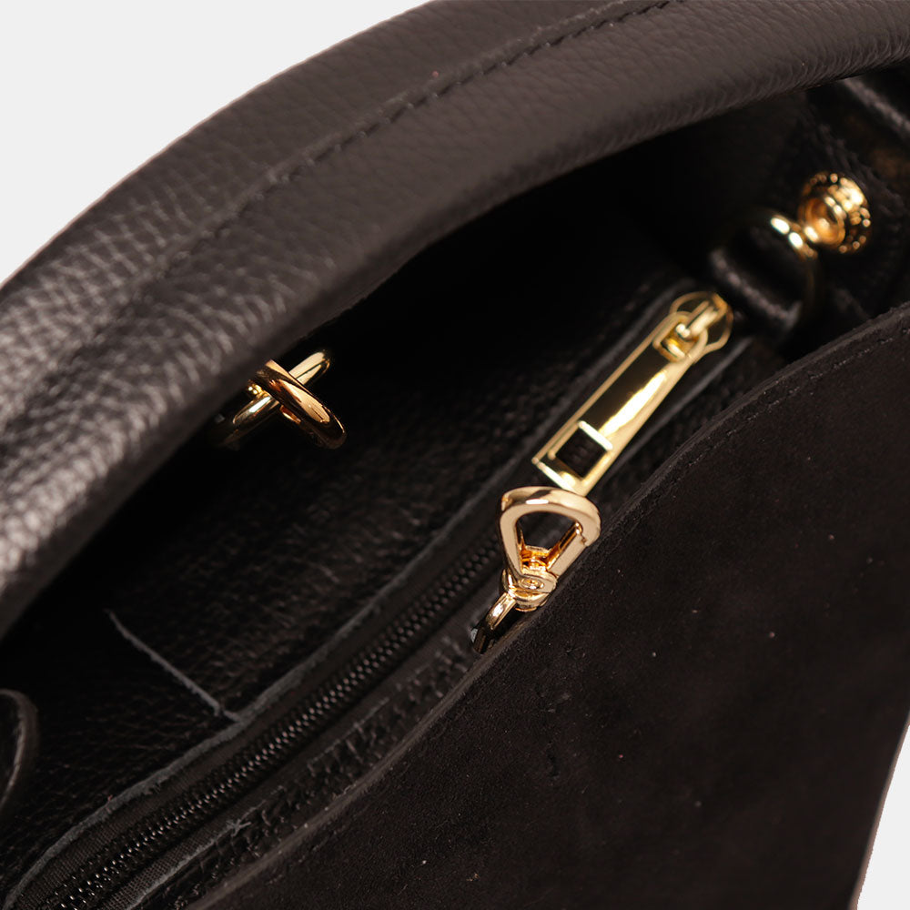 Borsa Secchiello con Pochette VIAVERDI in Camoscio e Pelle Nera Made in Italy linea Pienza