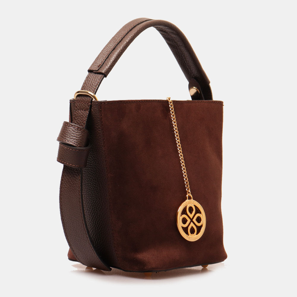 Borsa Secchiello con Pochette VIAVERDI in Camoscio e Pelle Marrone Scuro Made in Italy linea Pienza