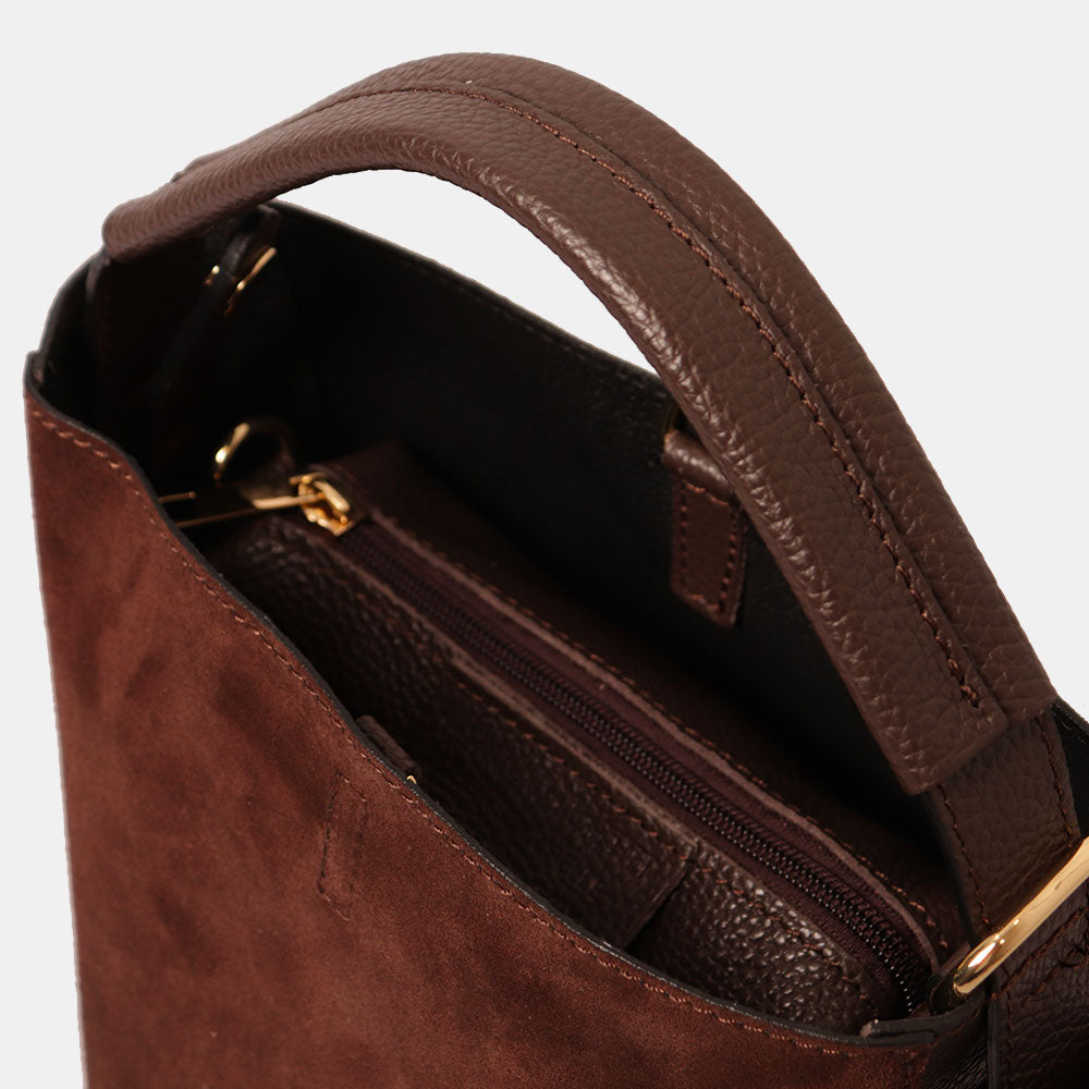 Borsa Secchiello con Pochette VIAVERDI in Camoscio e Pelle Marrone Scuro Made in Italy linea Pienza