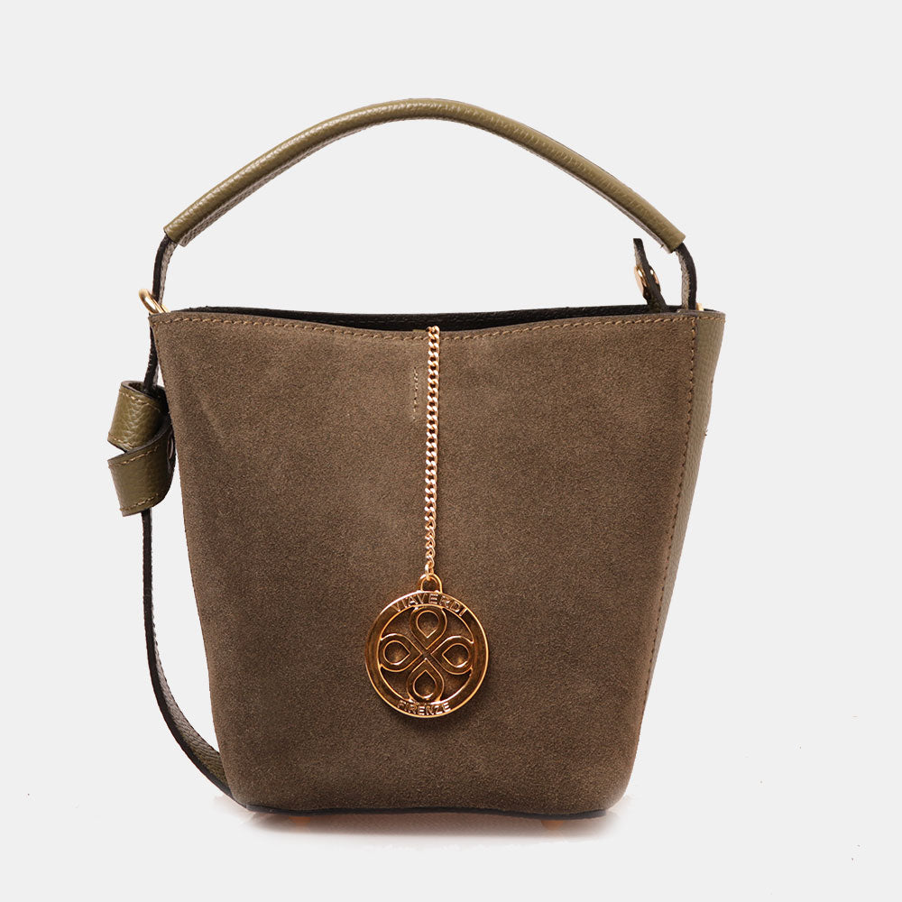 Borsa Secchiello con Pochette VIAVERDI in Camoscio e Pelle Verde Made in Italy linea Pienza