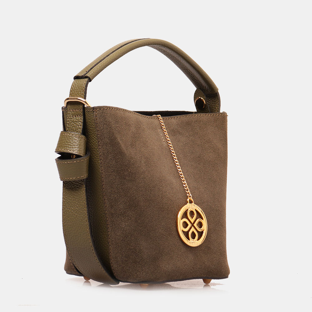 Borsa Secchiello con Pochette VIAVERDI in Camoscio e Pelle Verde Made in Italy linea Pienza