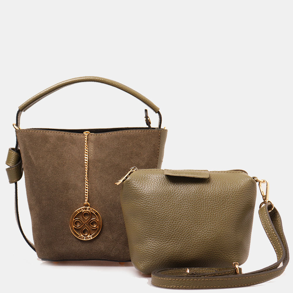 Borsa Secchiello con Pochette VIAVERDI in Camoscio e Pelle Verde Made in Italy linea Pienza