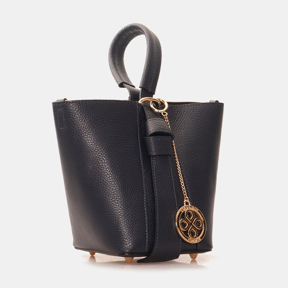 Borsa Secchiello con Pochette VIAVERDI in Pelle Blu Made in Italy linea Pienza