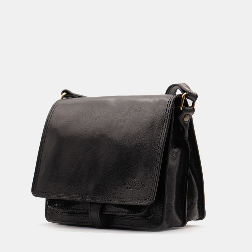 VIAVERDI Schwarze Leder-Schultertasche, hergestellt in Italien, Florence-Linie