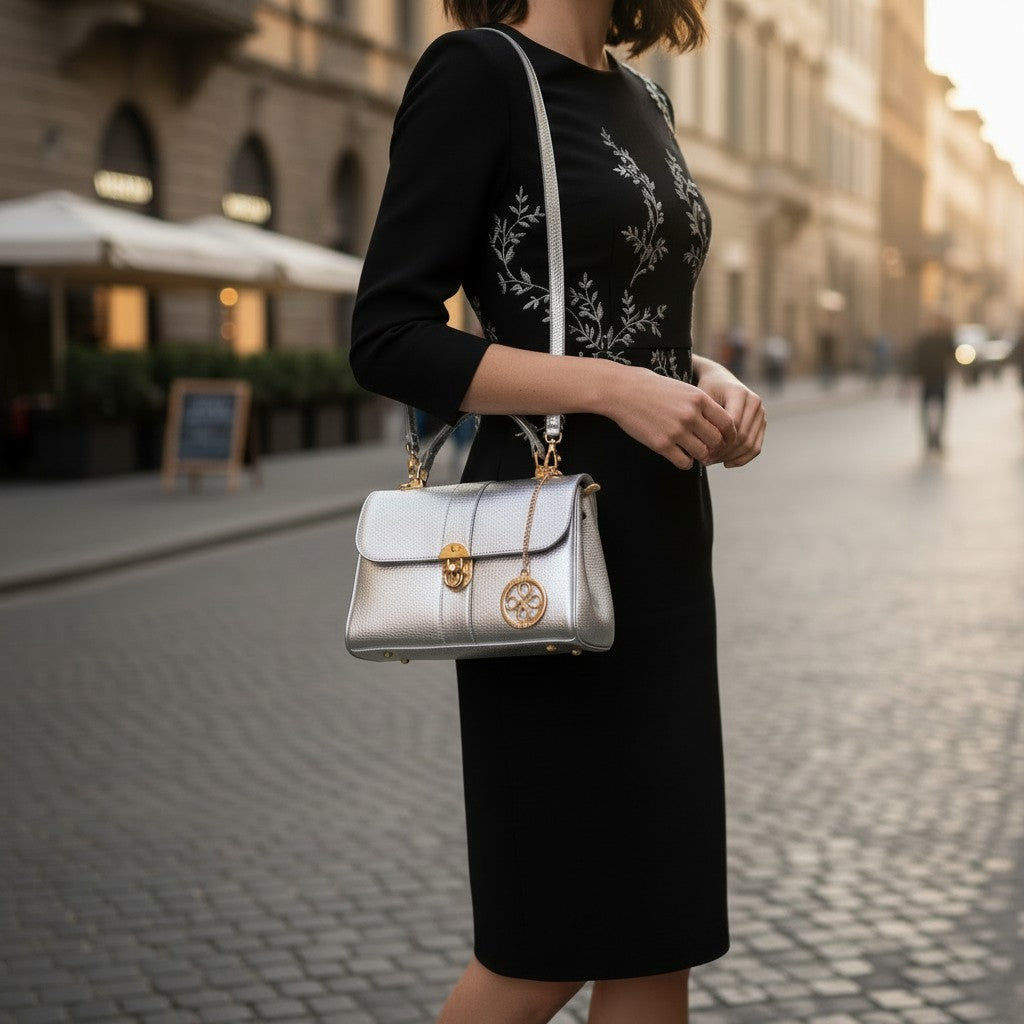 Borsa a Mano VIAVERDI in Pelle Argento Made in Italy linea Montalcino