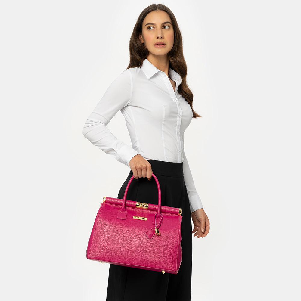 Borsa a Mano con Tracolla VIAVERDI in Pelle Fucsia Made in Italy