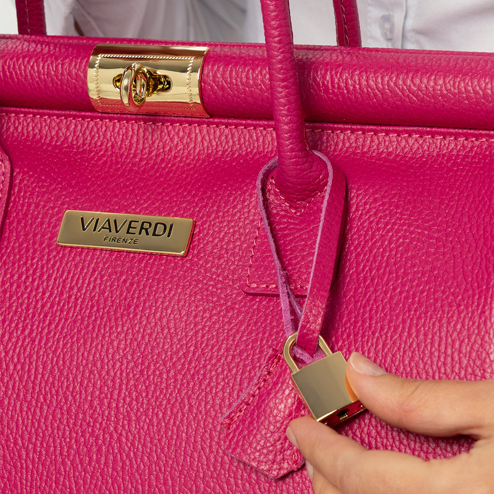 Borsa a Mano con Tracolla VIAVERDI in Pelle Fucsia Made in Italy