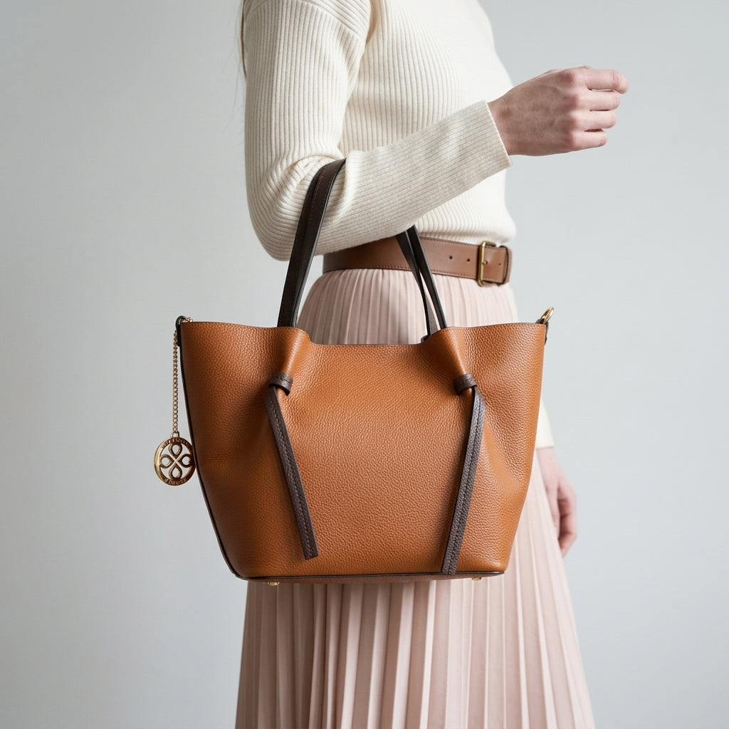 Bolso de mano de piel color cuero y marrón con bandolera ViaVerdi, Made in Italy – línea Certaldo