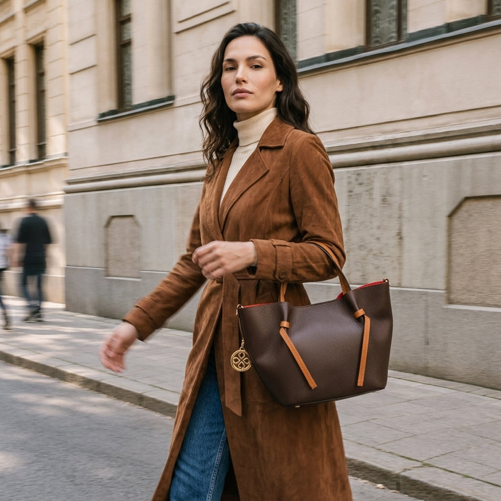 Bolso de mano de piel marrón oscuro y cuero con bandolera ViaVerdi, Made in Italy – línea Certaldo