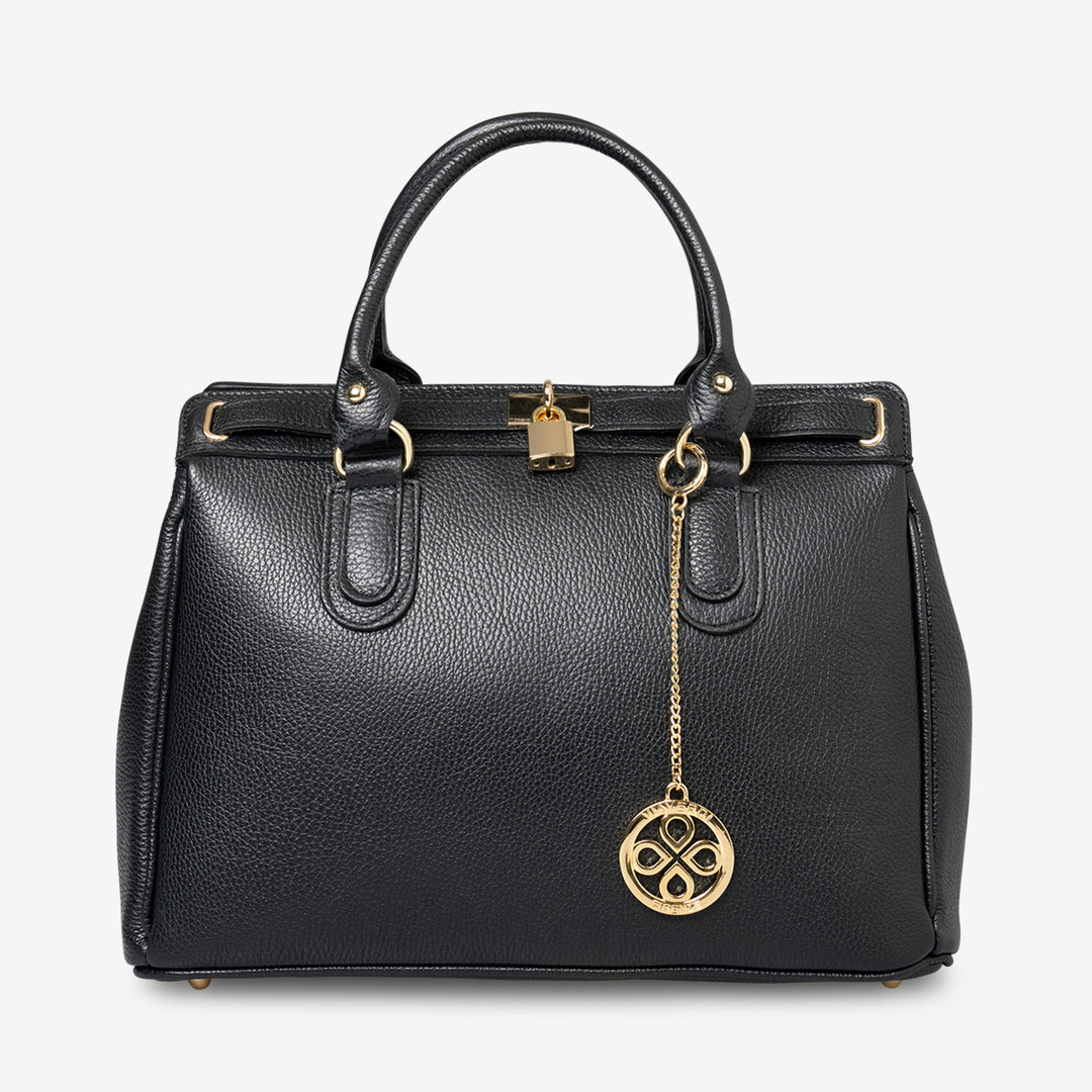 Borsa Bauletto Grande a Mano con Tracolla VIAVERDI in Pelle Nera Made in Italy linea Artimino