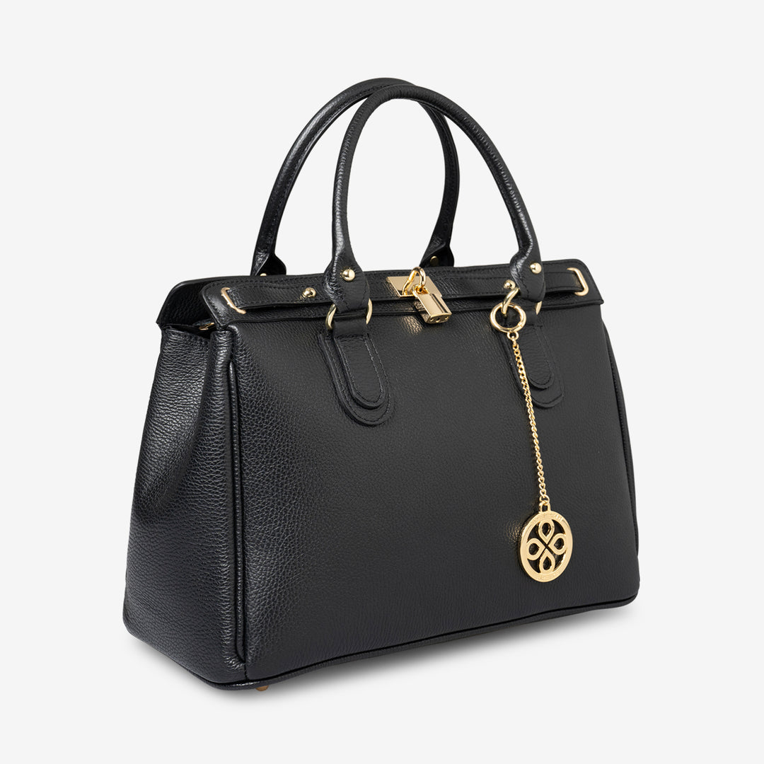 Borsa Bauletto Grande a Mano con Tracolla VIAVERDI in Pelle Nera Made in Italy linea Artimino