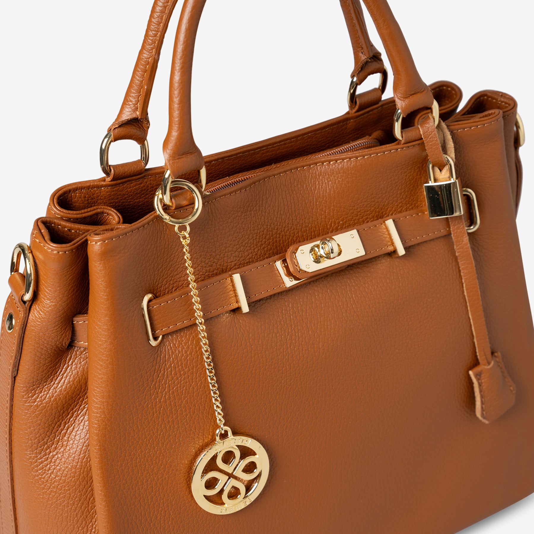 Borsa a Mano con Tracolla VIAVERDI in Pelle color Cuoio Made in Italy linea Artimino