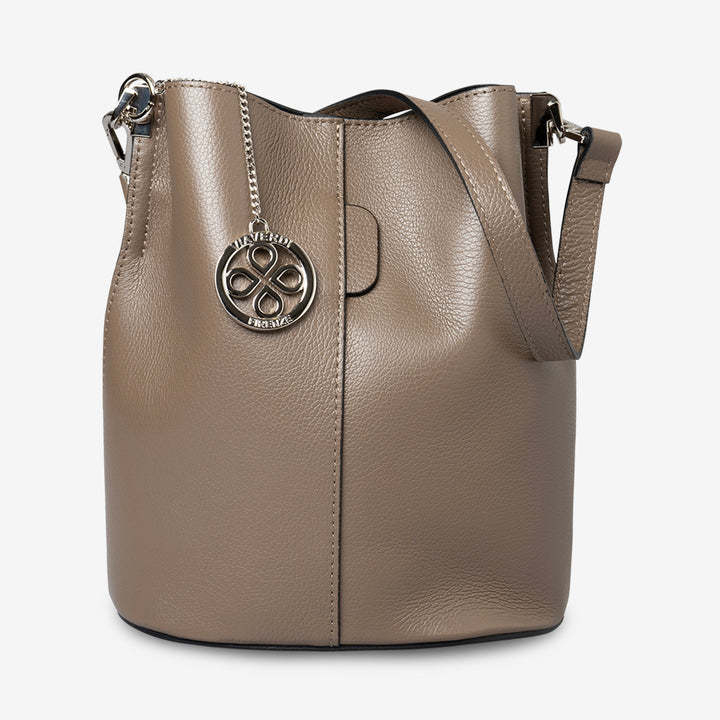 Borsa Secchiello con Tracolla VIAVERDI in Pelle Taupe Made in Italy linea Capalbio