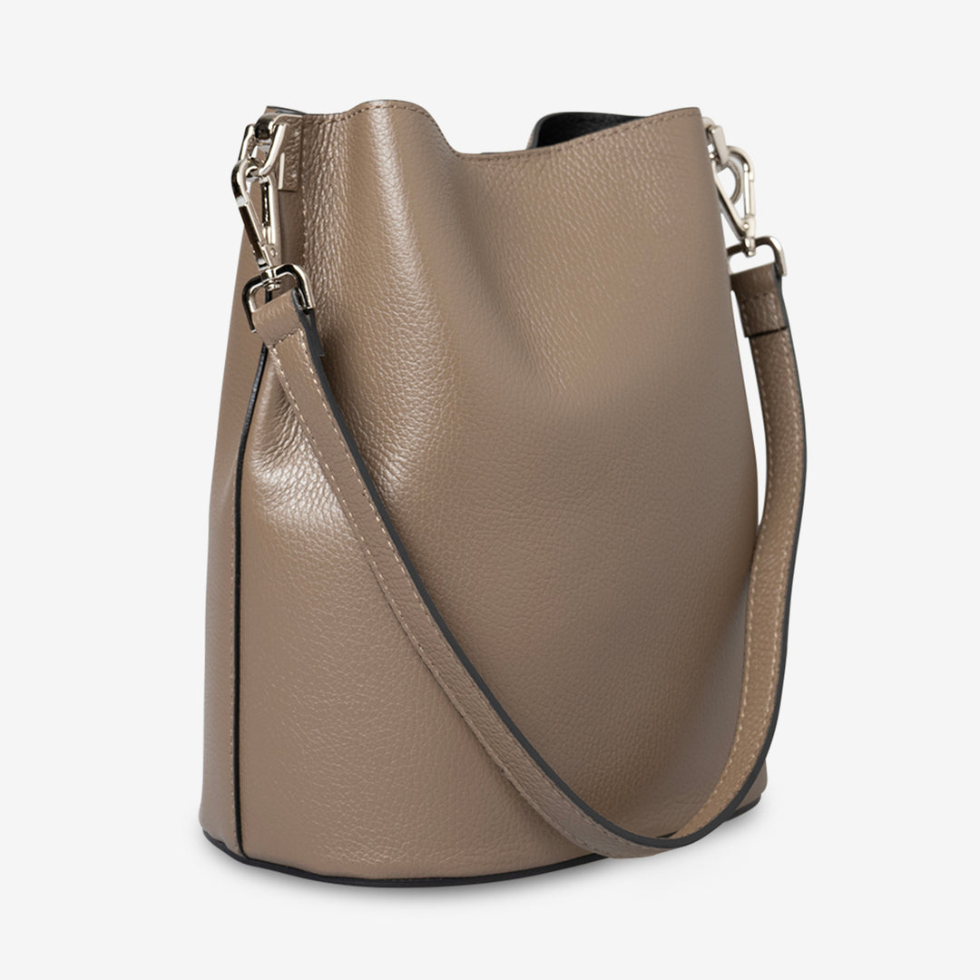 Borsa Secchiello con Tracolla VIAVERDI in Pelle Taupe Made in Italy linea Capalbio