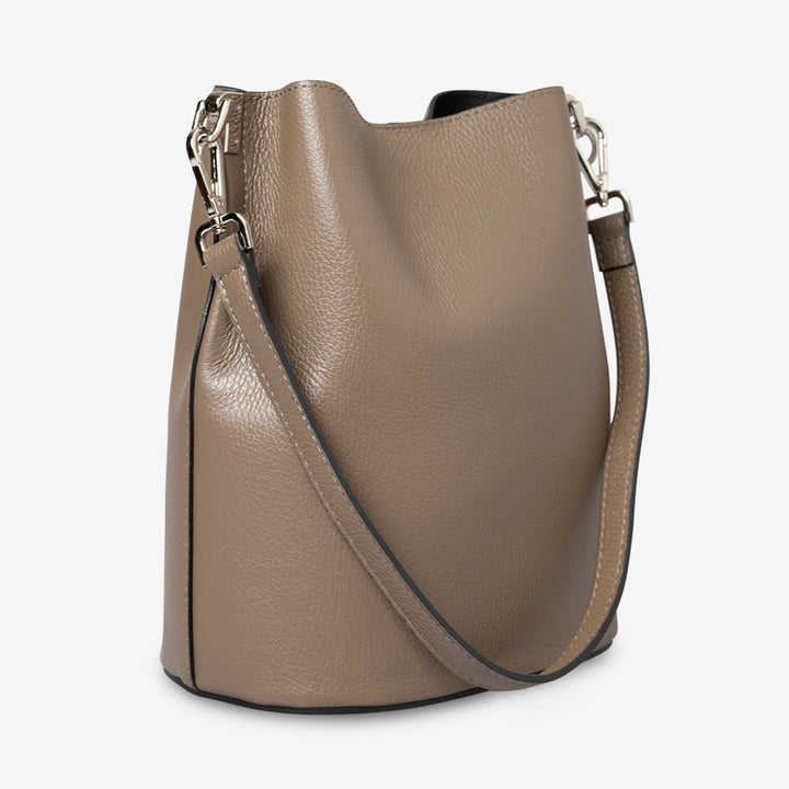 Borsa Secchiello con Tracolla VIAVERDI in Pelle Taupe Made in Italy linea Capalbio