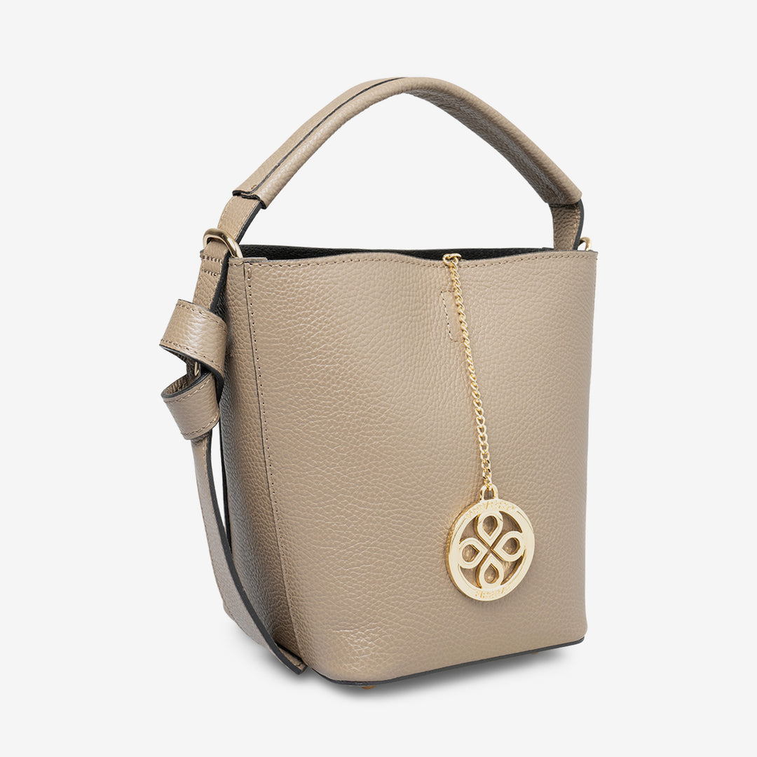 VIAVERDI Beuteltasche mit Schultergurt und Clutch aus taupefarbenem Leder, hergestellt in Italien, Pienza-Linie
