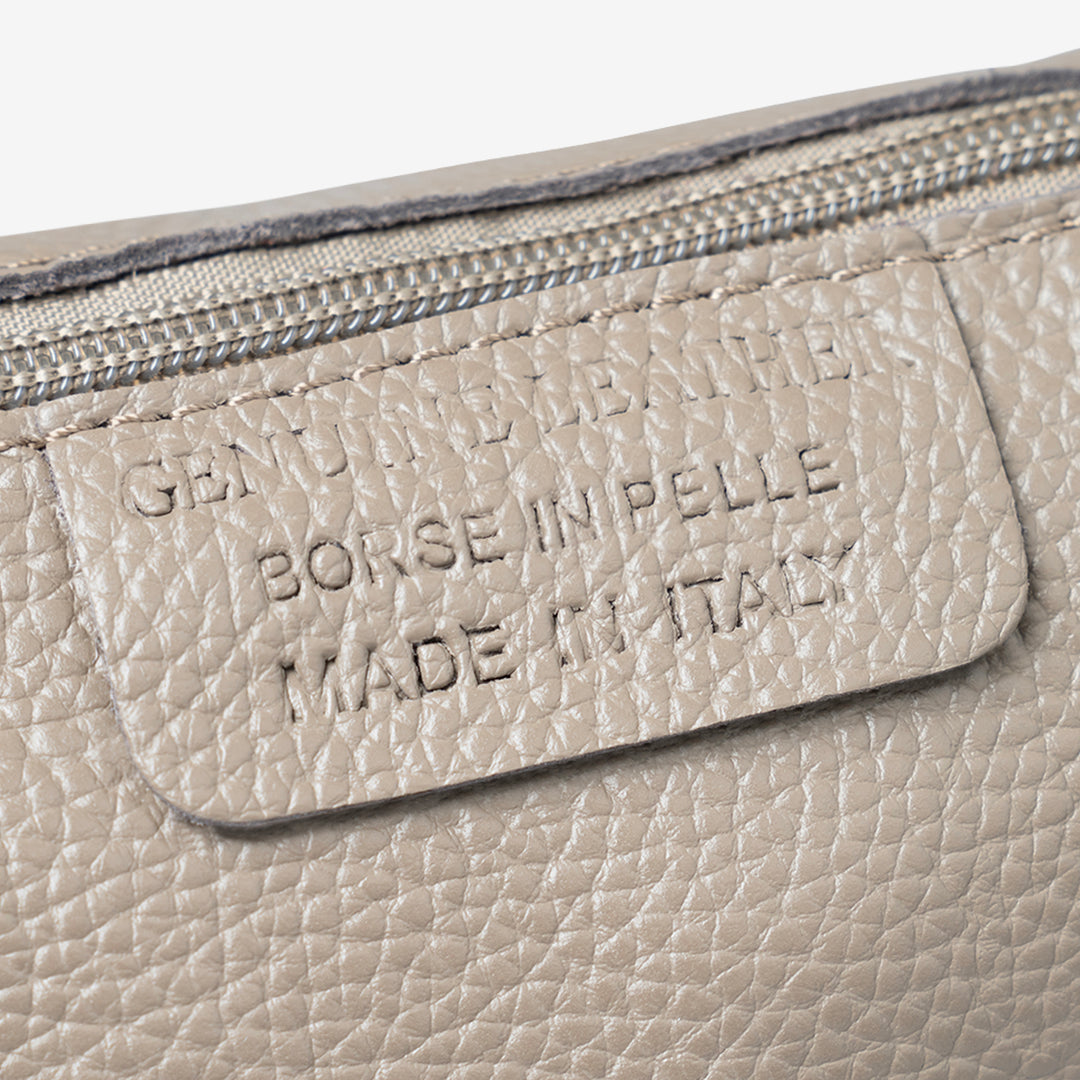 VIAVERDI Beuteltasche mit Schultergurt und Clutch aus taupefarbenem Leder, hergestellt in Italien, Pienza-Linie