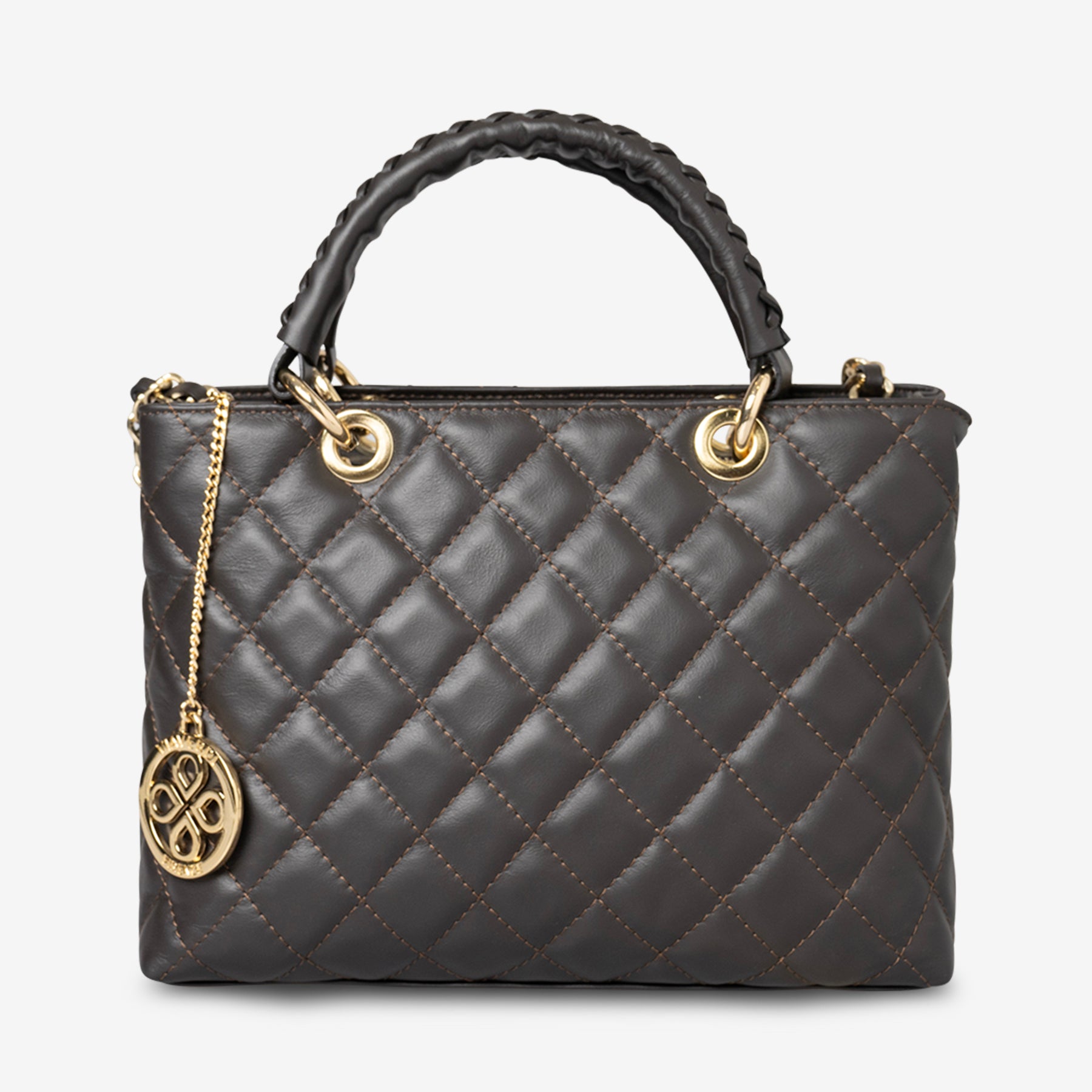 Borsa a Mano con Tracolla VIAVERDI in Pelle Marrone Scuro Matelassè Made in Italy linea Saturnia