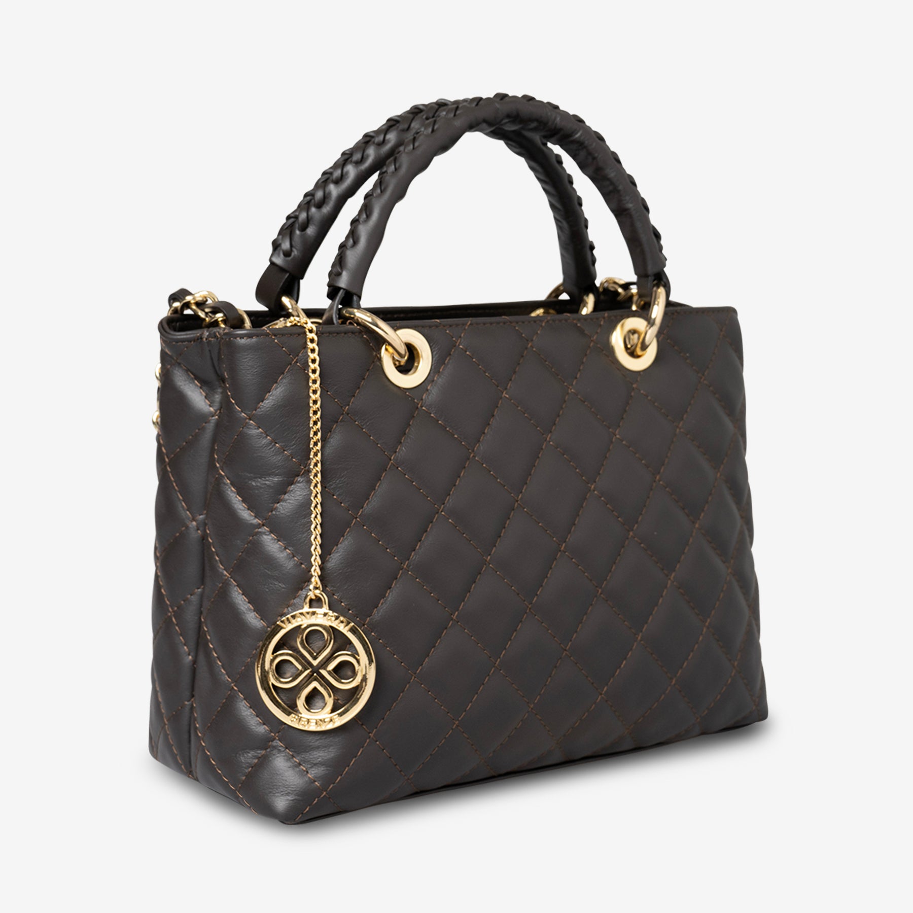 Borsa a Mano con Tracolla VIAVERDI in Pelle Marrone Scuro Matelassè Made in Italy linea Saturnia