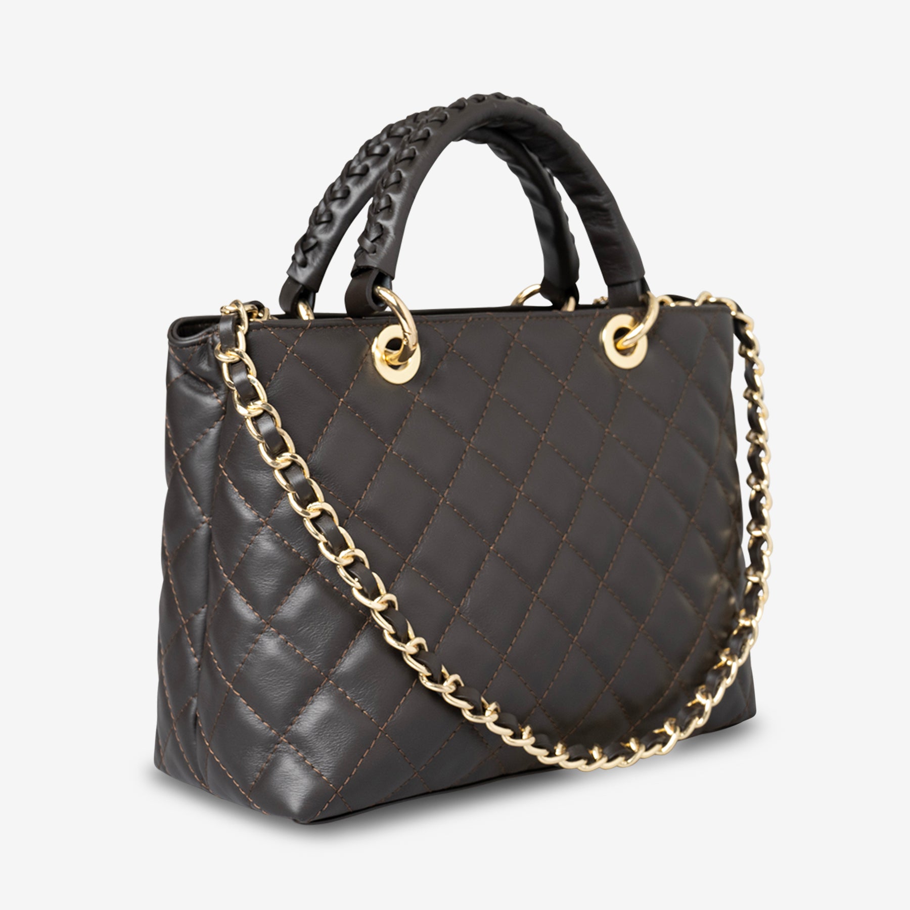 Borsa a Mano con Tracolla VIAVERDI in Pelle Marrone Scuro Matelassè Made in Italy linea Saturnia