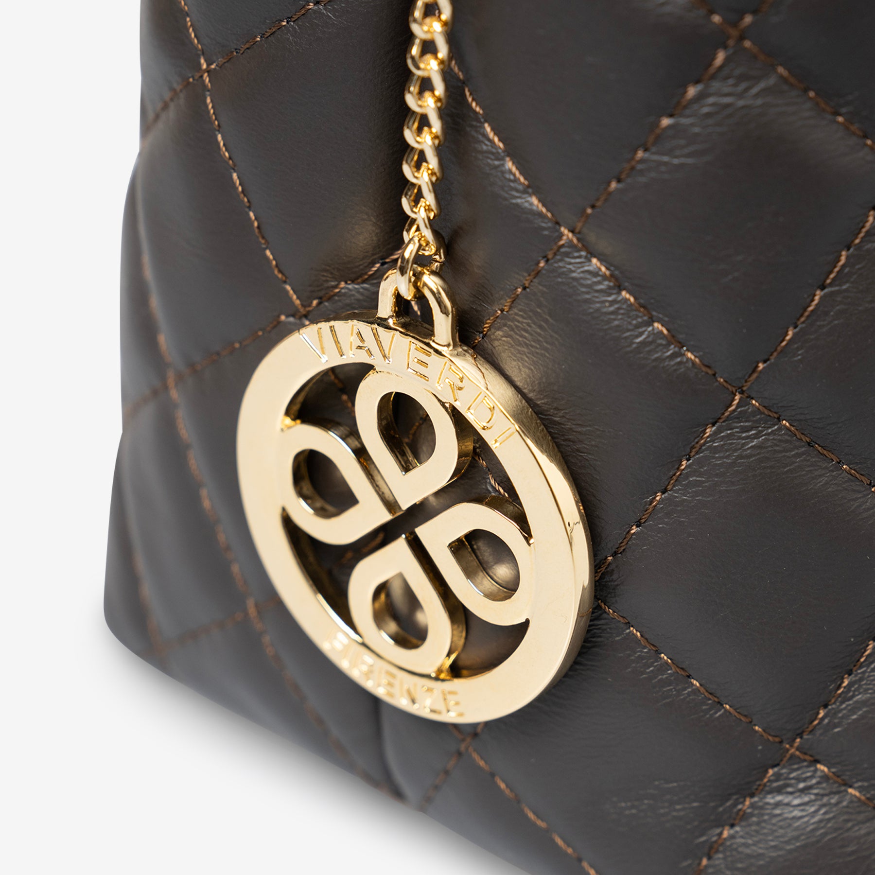 Borsa a Mano con Tracolla VIAVERDI in Pelle Marrone Scuro Matelassè Made in Italy linea Saturnia