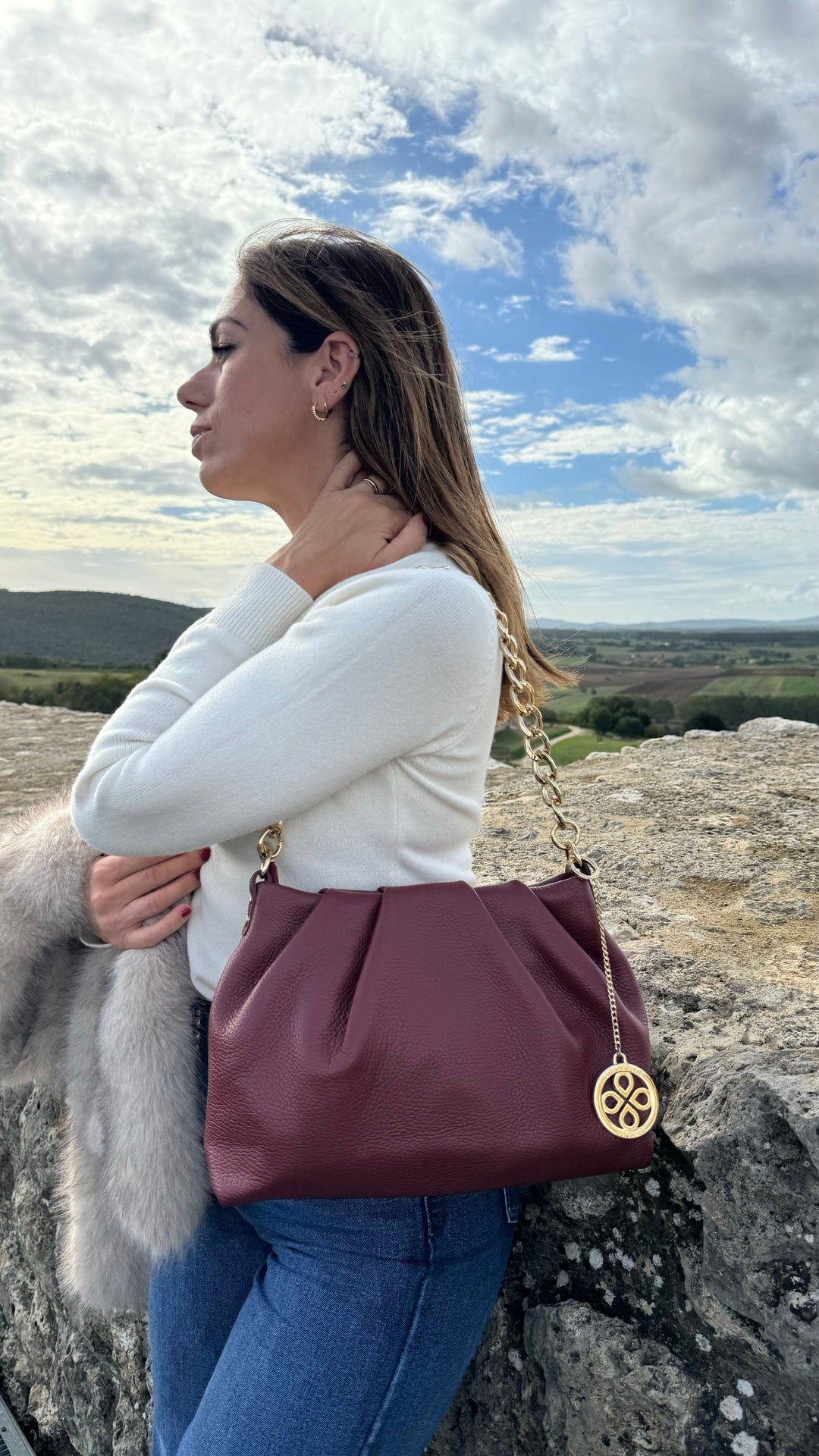 Borsa Hobo a Spalla con Catena VIAVERDI in Pelle Rossa Made in Italy linea Monteriggioni