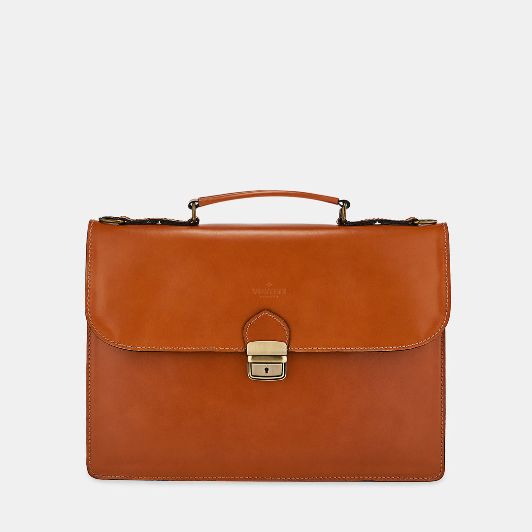 VIAVERDI Tan Leather Briefcase Made in Italy - 15.6 inch Laptop