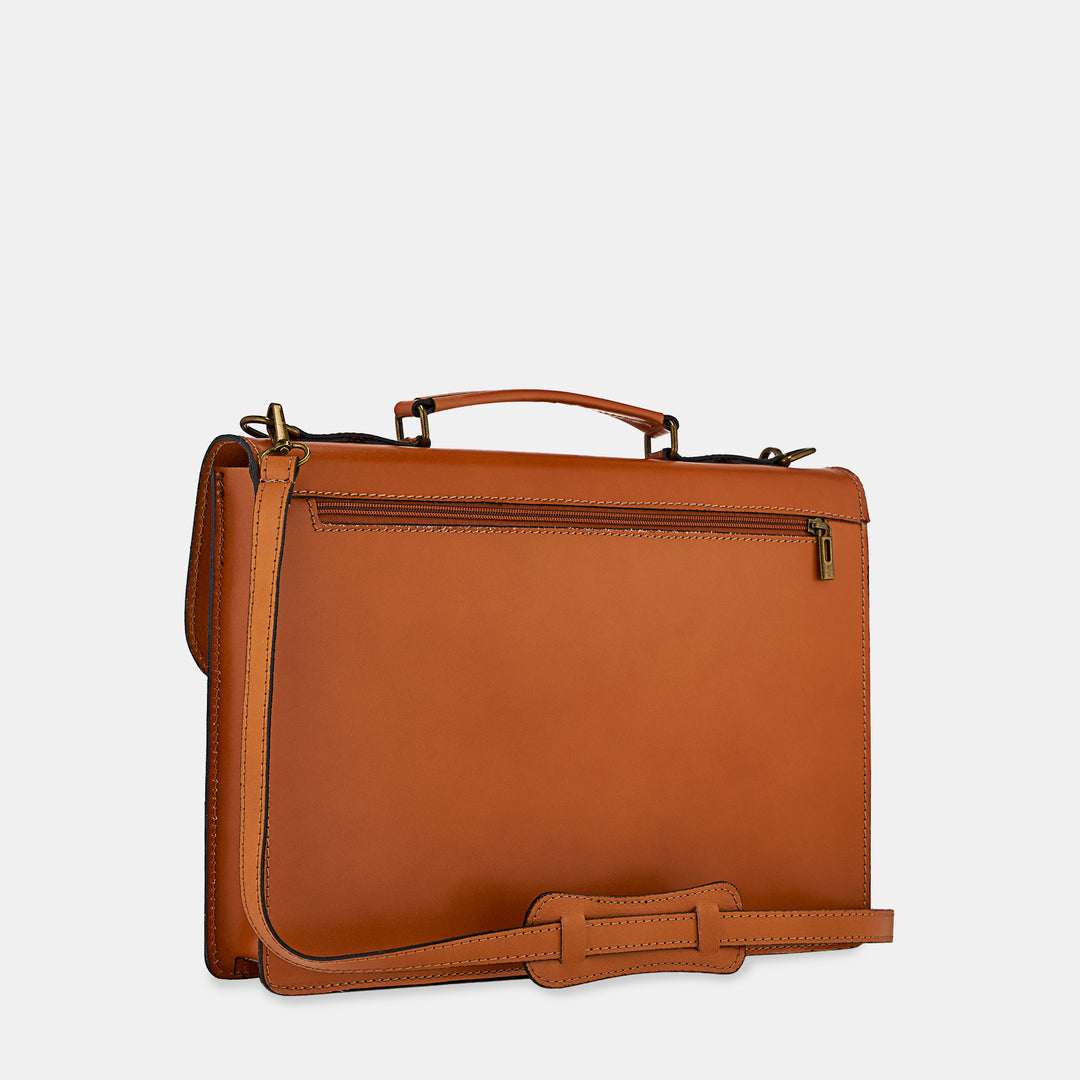 VIAVERDI Tan Leather Briefcase Made in Italy - 15.6 inch Laptop