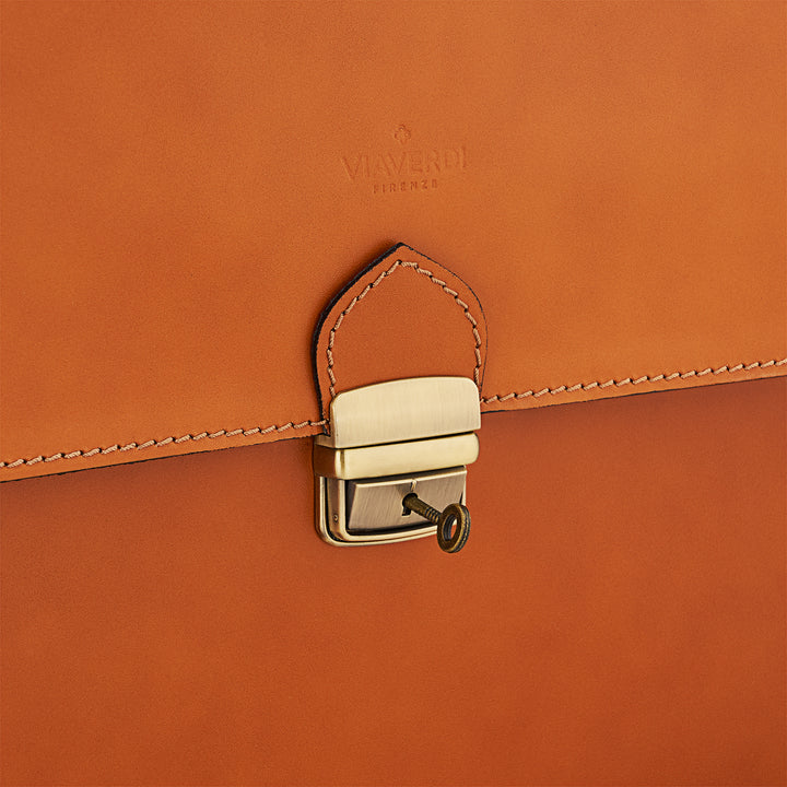 VIAVERDI Tan Leather Briefcase Made in Italy - 15.6 inch Laptop