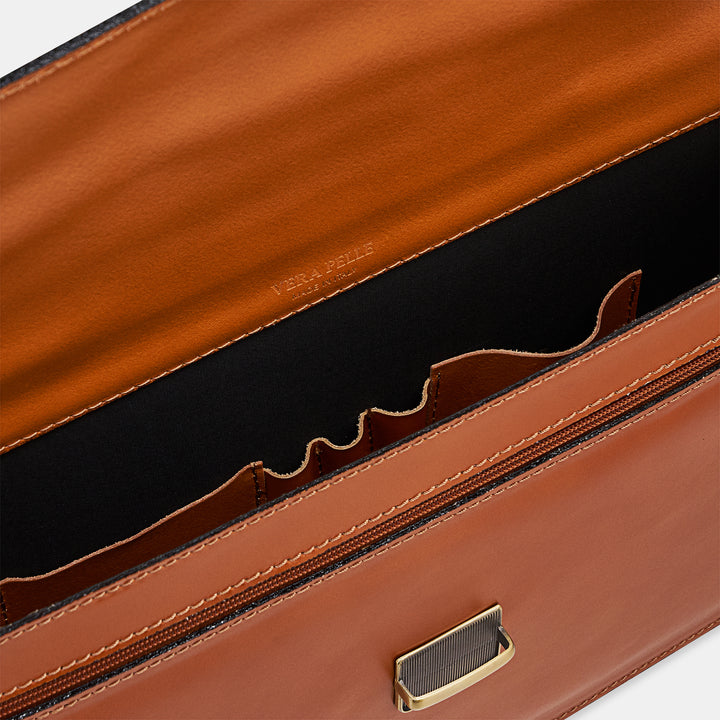 VIAVERDI Tan Leather Briefcase Made in Italy - 15.6 inch Laptop