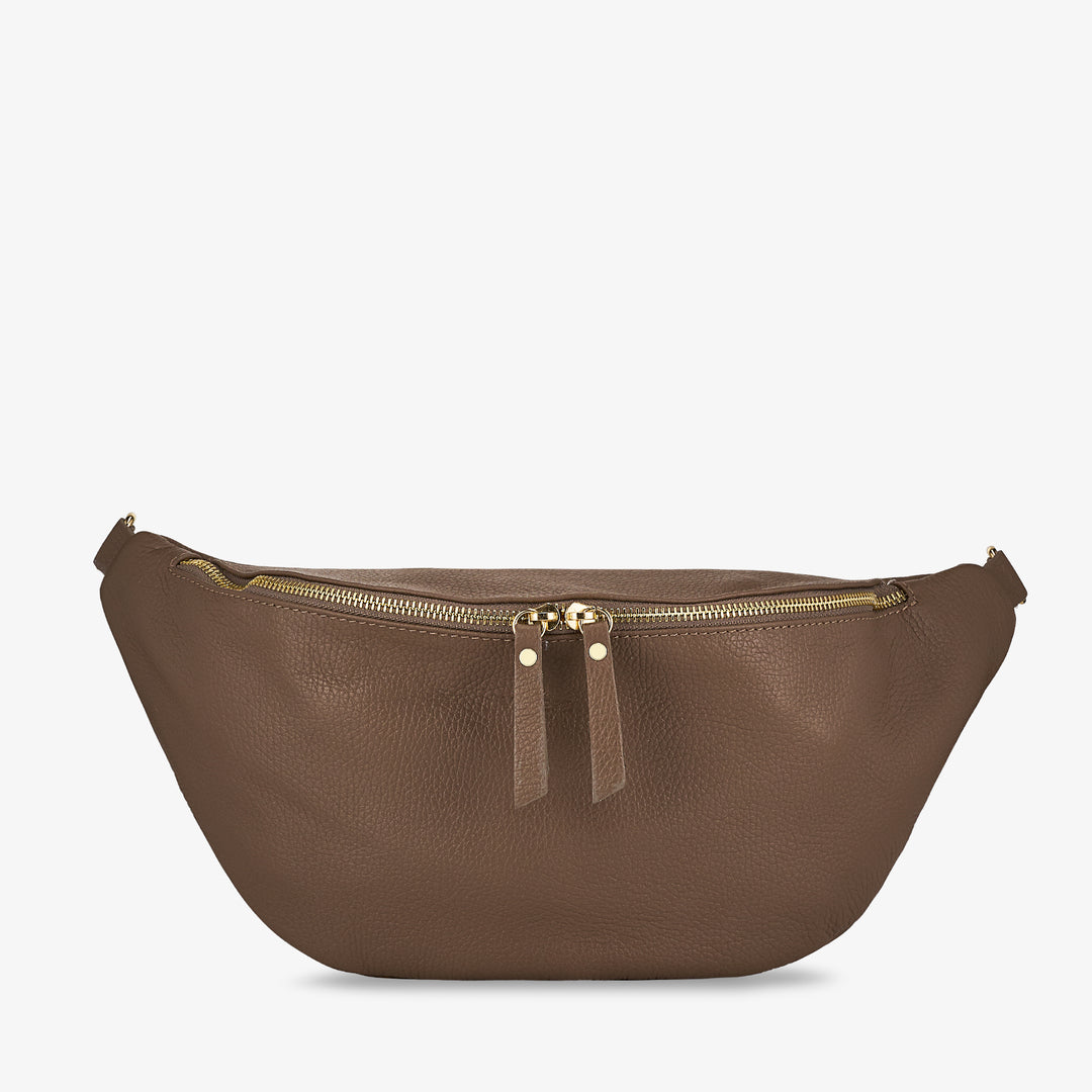 Damen-Gürteltasche aus taupefarbenem Leder mit Schultergurt VIAVERDI Made in Italy