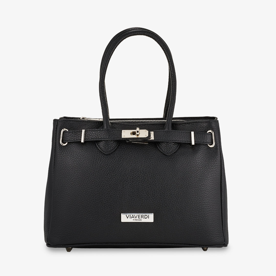 VIAVERDI Women's Handbag with Shoulder Strap in Black Leather Made in Italy