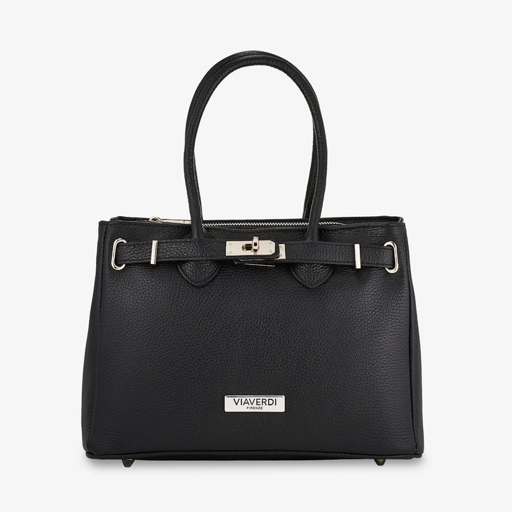 VIAVERDI Women's Handbag with Shoulder Strap in Black Leather Made in Italy