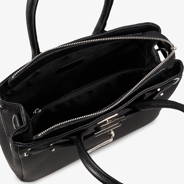 VIAVERDI Women's Handbag with Shoulder Strap in Black Leather Made in Italy
