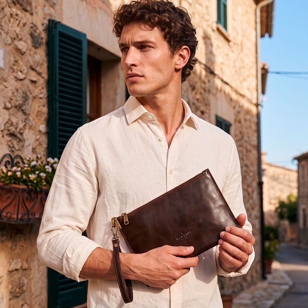 ViaVerdi Clutch for Men in Dark Brown Leather Made in Italy – Firenze Line