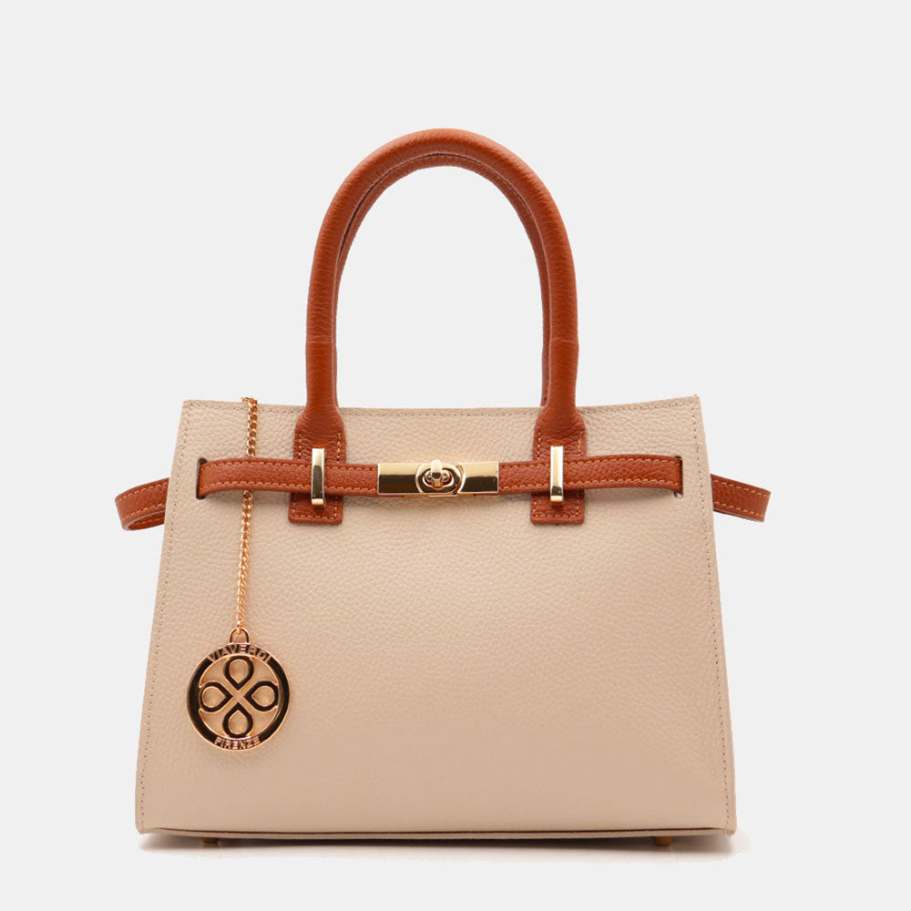 Borsa Donna a Mano VIAVERDI in Pelle Avorio e Cuoio Made in Italy linea Artimino