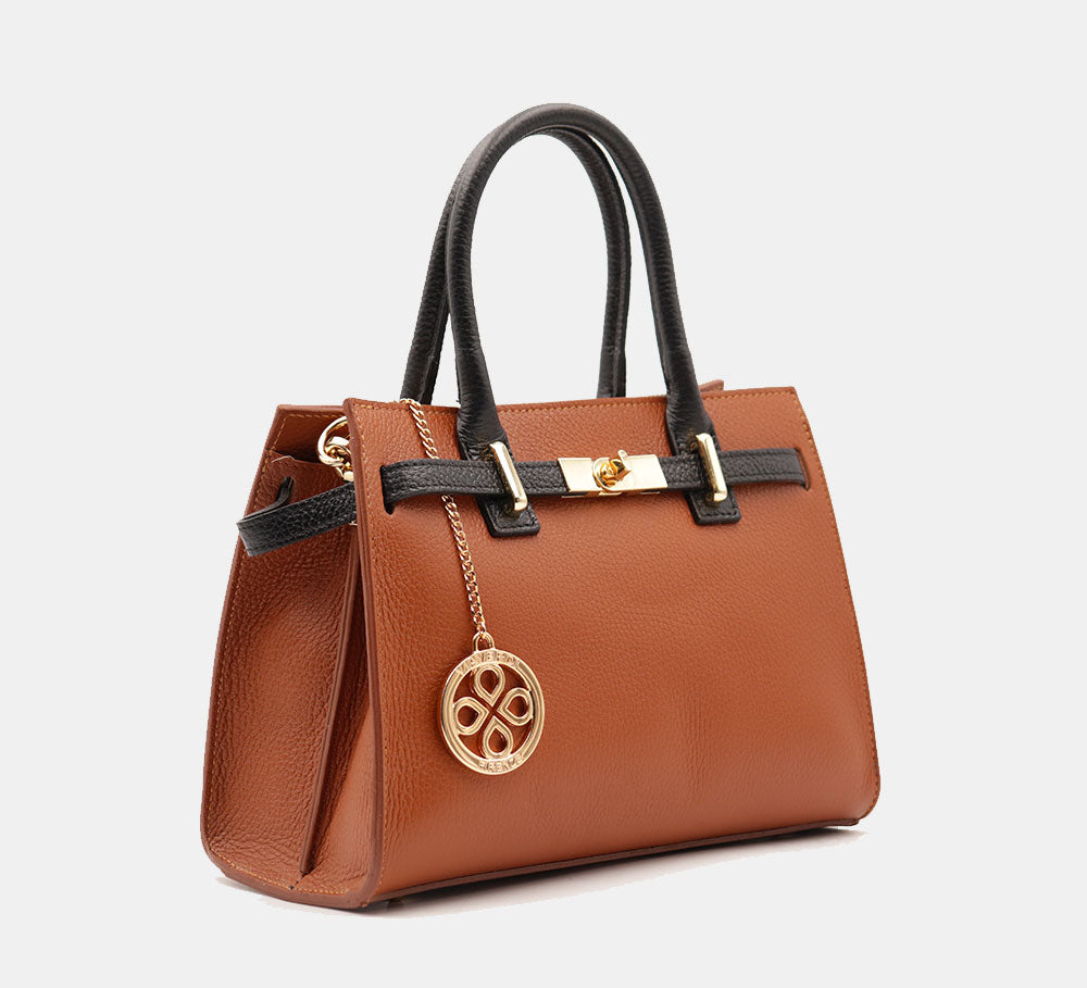 VIAVERDI Women's Handbag in Tan and Black Leather Made in Italy, Artimino line