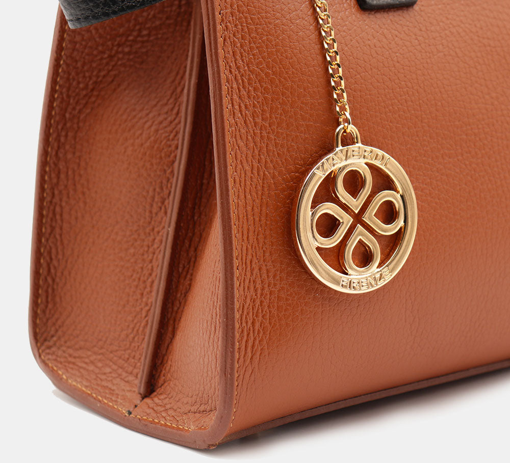 VIAVERDI Women's Handbag in Tan and Black Leather Made in Italy, Artimino line