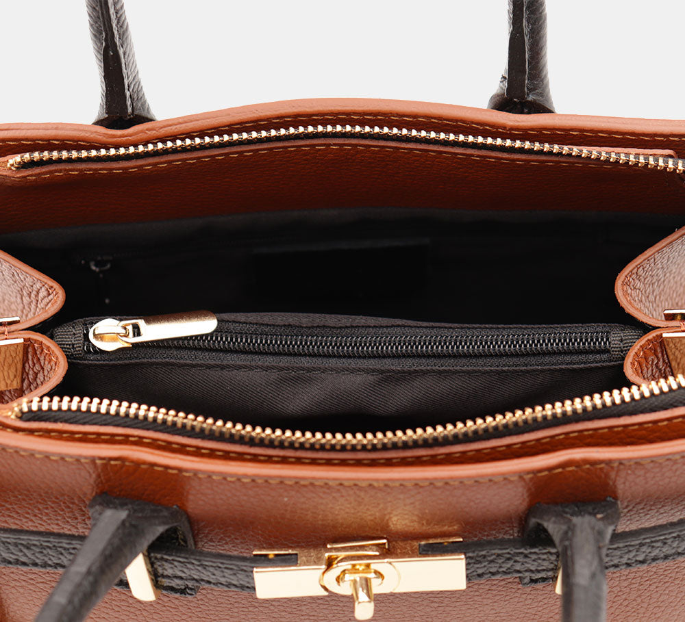 VIAVERDI Women's Handbag in Tan and Black Leather Made in Italy, Artimino line