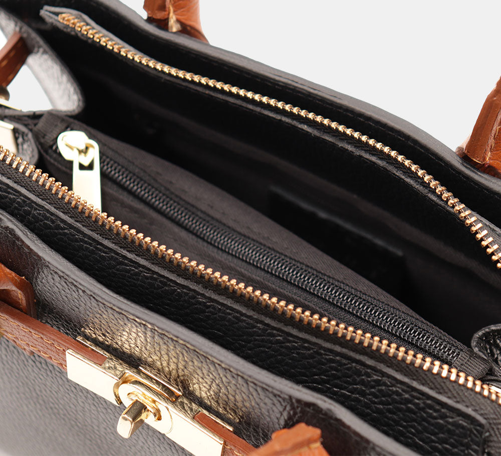 VIAVERDI Women's Handbag in Black Leather and Cowhide Made in Italy, Artimino Line