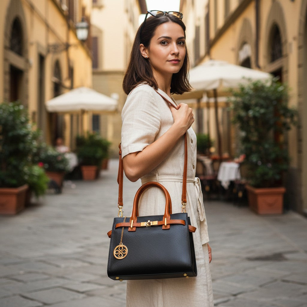 Borsa Donna a Mano VIAVERDI in Pelle Nera e Cuoio Made in Italy linea Artimino