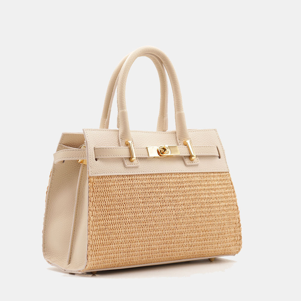 Borsa Donna a Mano VIAVERDI in Rafia e Pelle Avorio Made in Italy linea Artimino