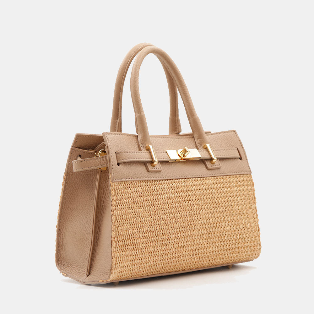 Borsa Donna a Mano VIAVERDI in Rafia e Pelle Beige Made in Italy linea Artimino