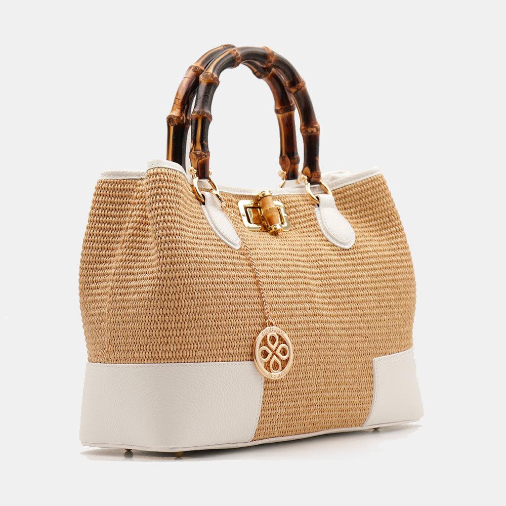 Borsa Grande a Mano VIAVERDI in Rafia e Pelle Bianca Made in Italy linea Volterra