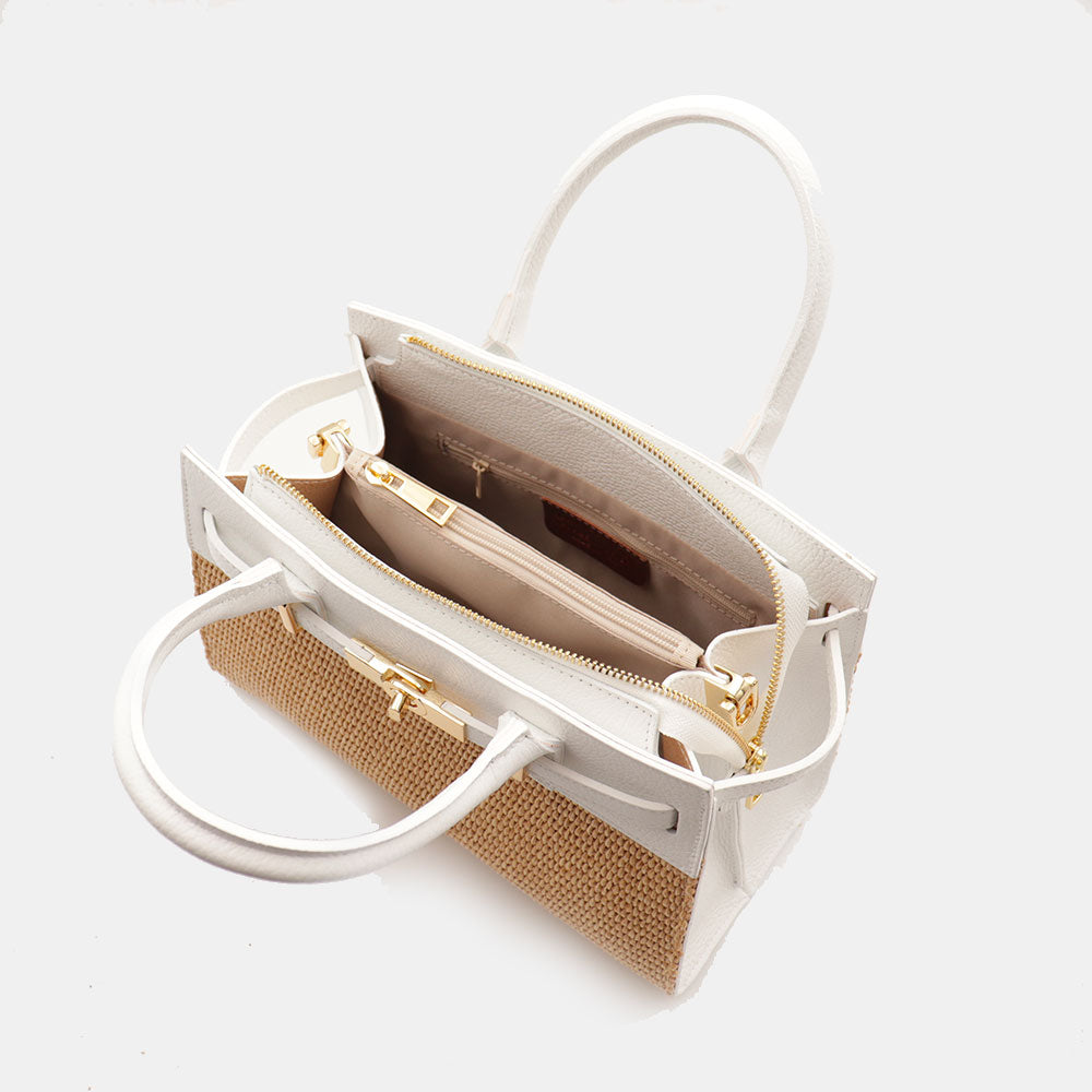 Borsa Donna a Mano VIAVERDI in Rafia e Pelle Bianca Made in Italy linea Artimino