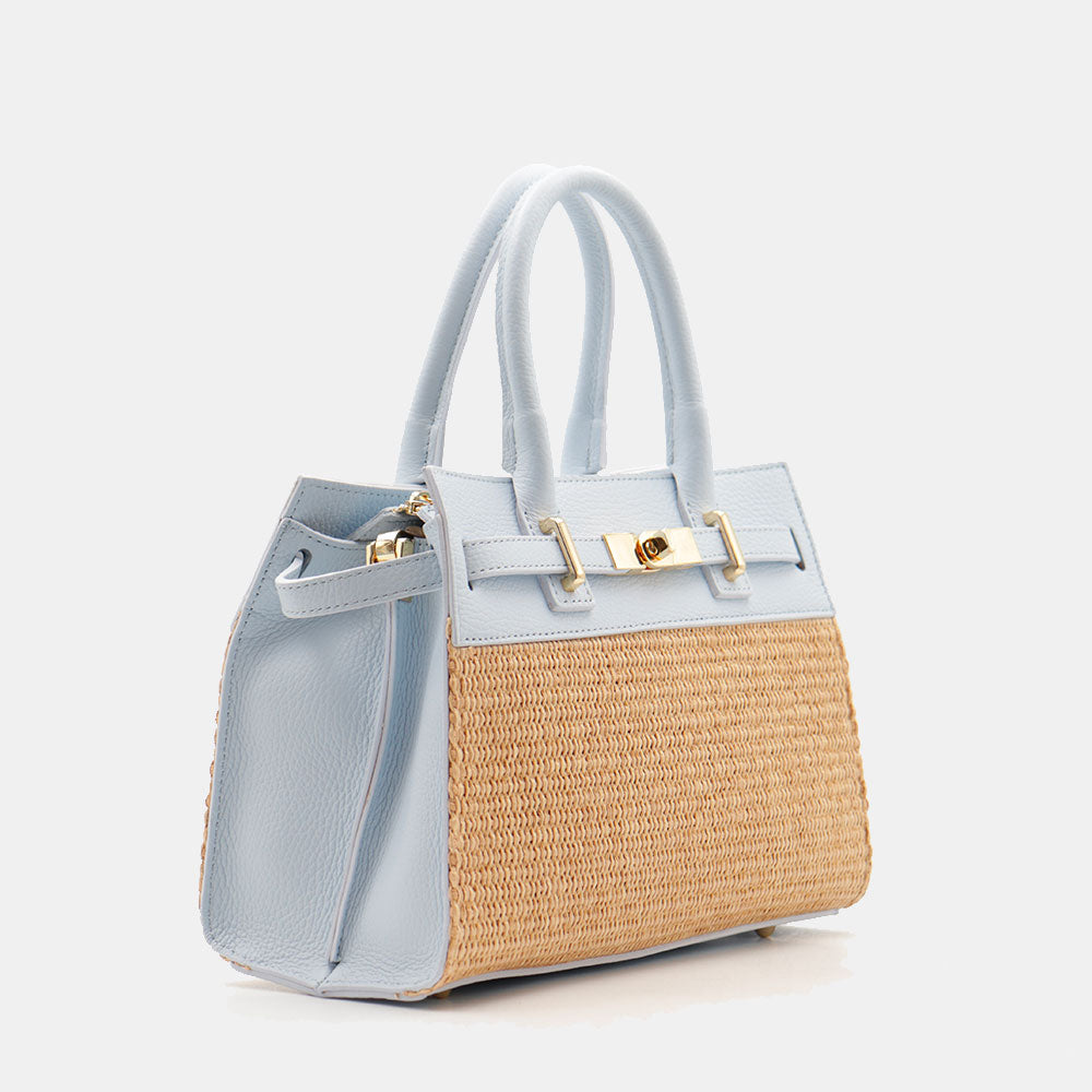 Borsa Donna a Mano VIAVERDI in Rafia e Pelle Celeste Made in Italy linea Artimino