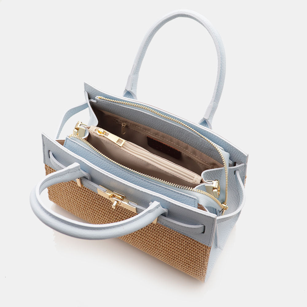 Borsa Donna a Mano VIAVERDI in Rafia e Pelle Celeste Made in Italy linea Artimino