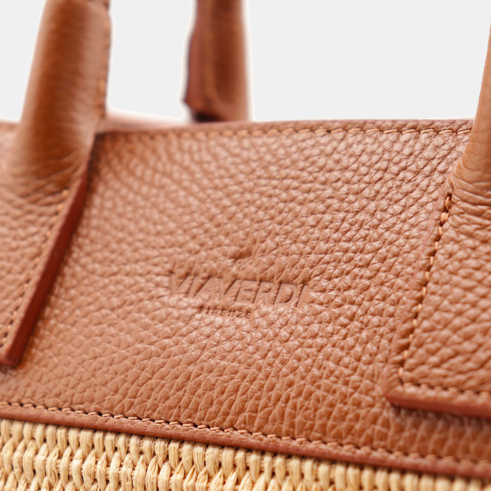 Borsa Donna a Mano VIAVERDI in Rafia e Pelle Color Cuoio Made in Italy linea Artimino